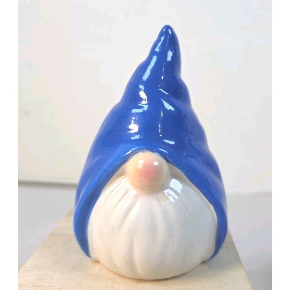 Garden Gnome Figurine Blue Hat White Beard Indoor/Outdoor Ceramic Boho Retro 4"